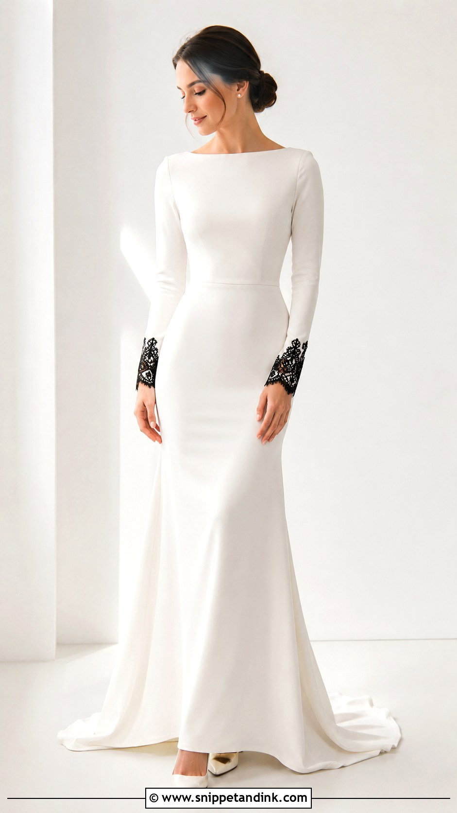 White Long Sleeve Wedding Dress With Black Lace Cuffs - Snippet and Ink - 25 White Wedding Dress with Black Lace Ideas