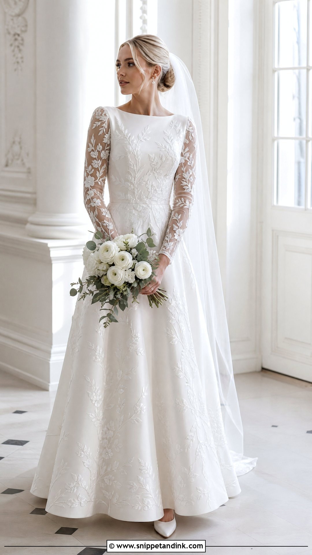 White Long Sleeve Wedding Dress With Embroidered Flowers - Snippet and Ink - 20 White Wedding Dress with Flowers