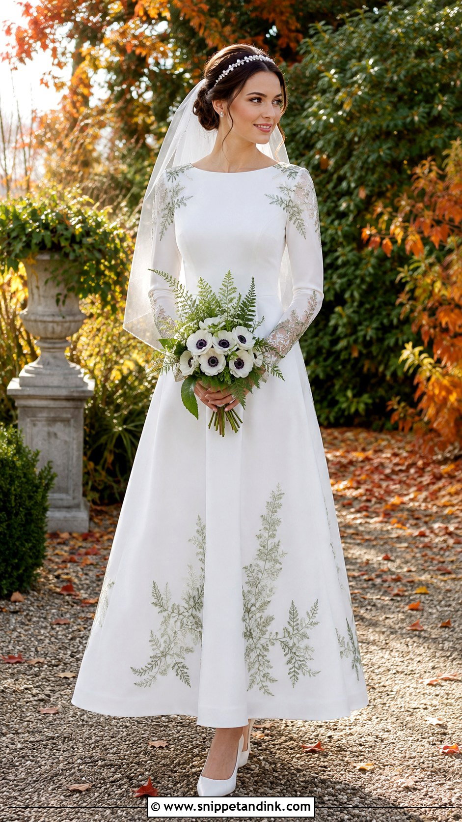 White Long Sleeve Wedding Dress With Green Botanical Lace - Snippet and Ink - 20 White and Green Wedding Dress Ideas