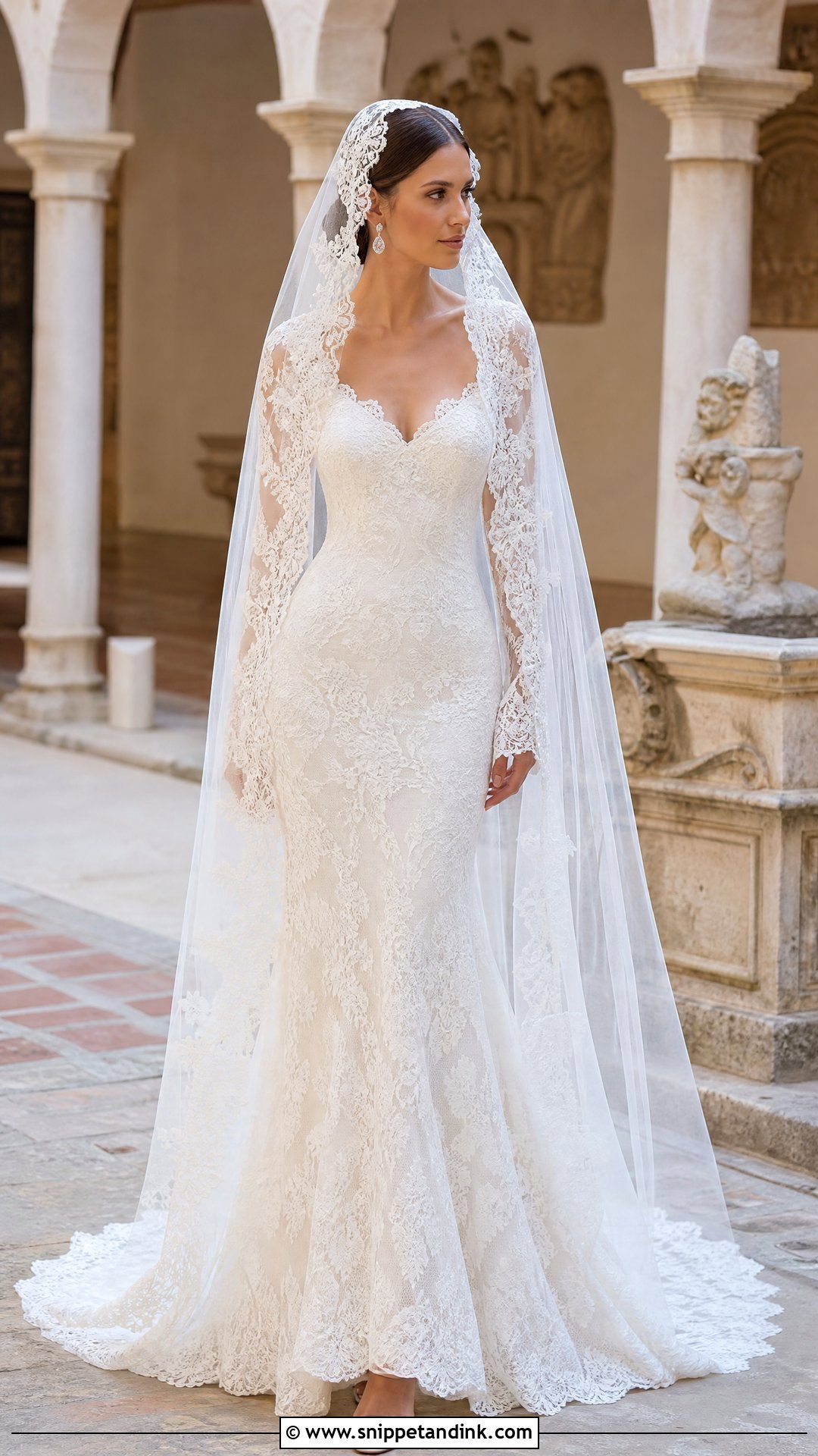 White Mantilla Veil With Lace Wedding Dress - Snippet and Ink - 25 White Veil Ideas