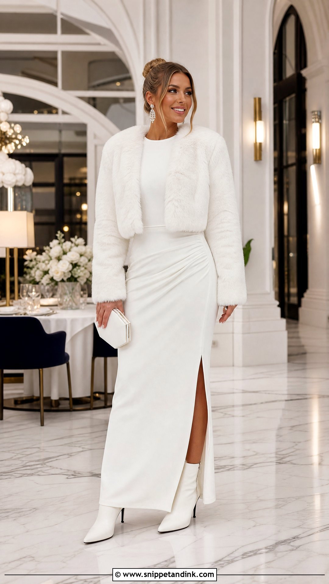 White Maxi Dress And Faux Fur Jacket Bride Outfit - Snippet and Ink - 20 Winter Bachelorette Party Outfit Bride Ideas