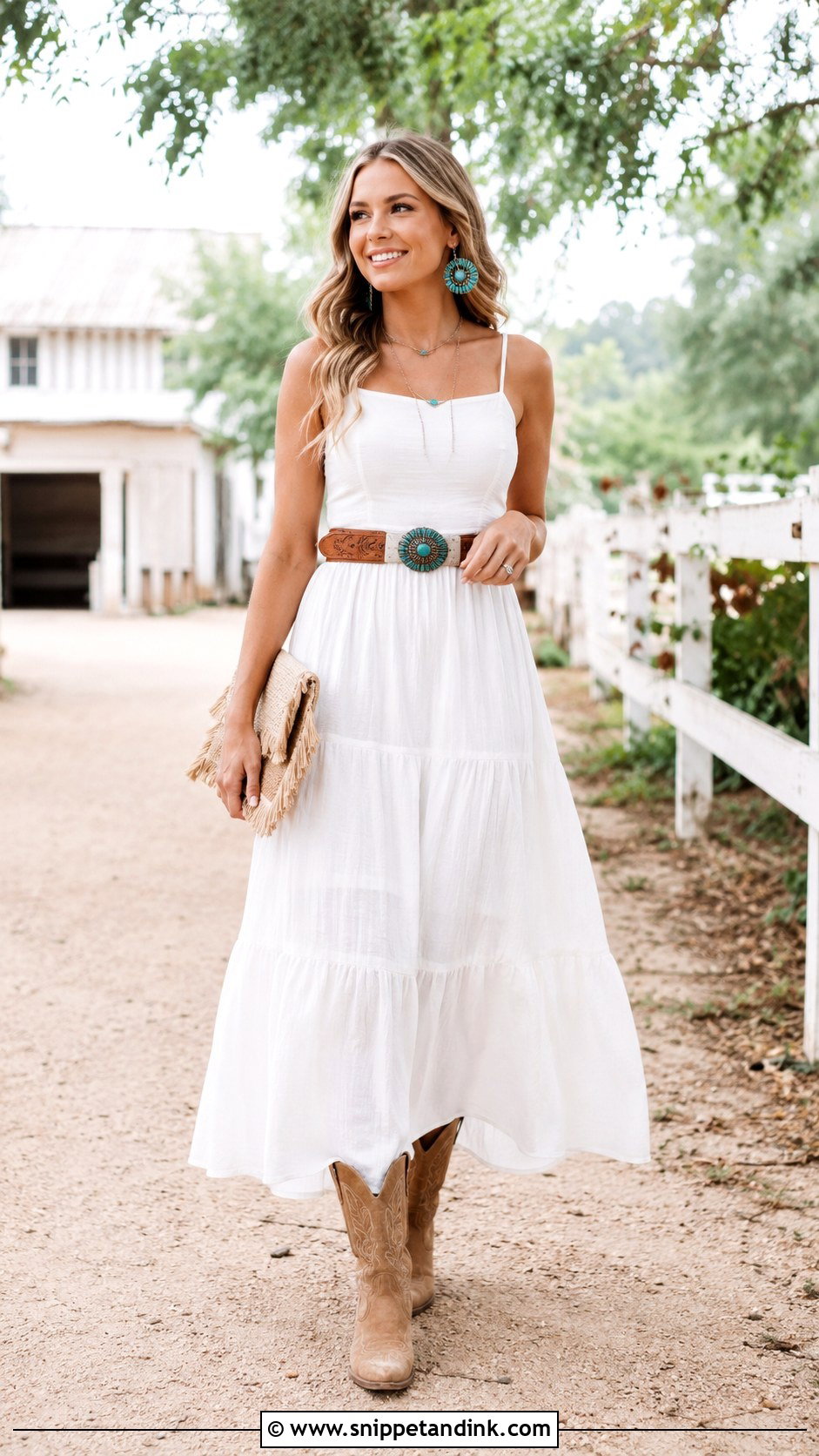 White Maxi Dress With Cowboy Boots Outfit - Snippet and Ink - 30 Western Bachelorette Party Outfits