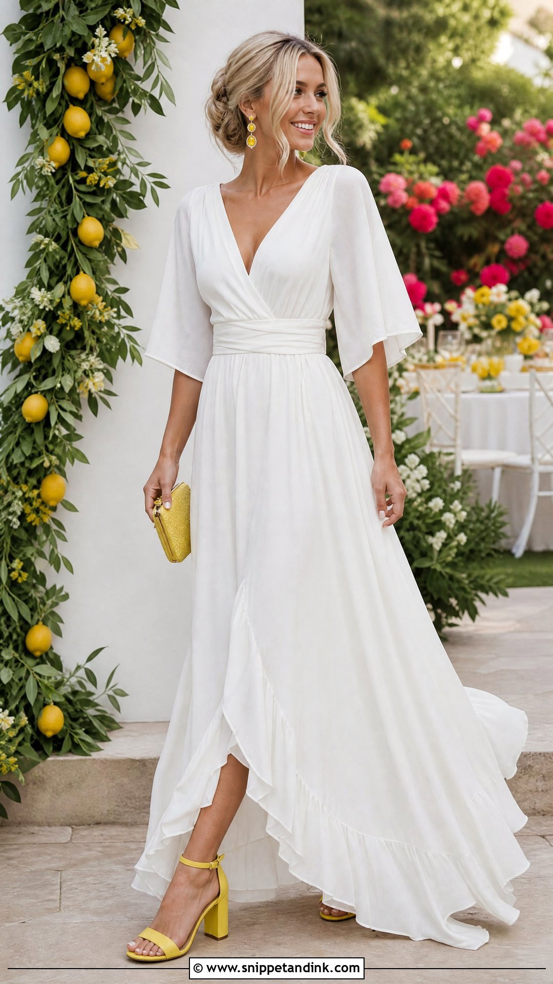 White Maxi Dress With Lemon Accessories - Snippet and Ink - 20 That’s Amore Bridal Ideas