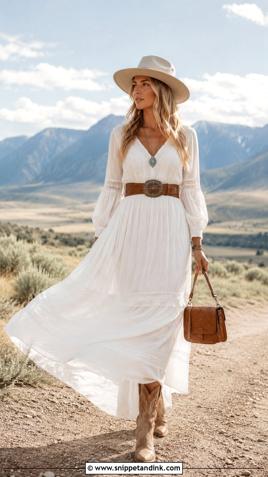 White Maxi Dress With Western Belt - Snippet and Ink - 20 Bride Cowgirl Outfit Ideas