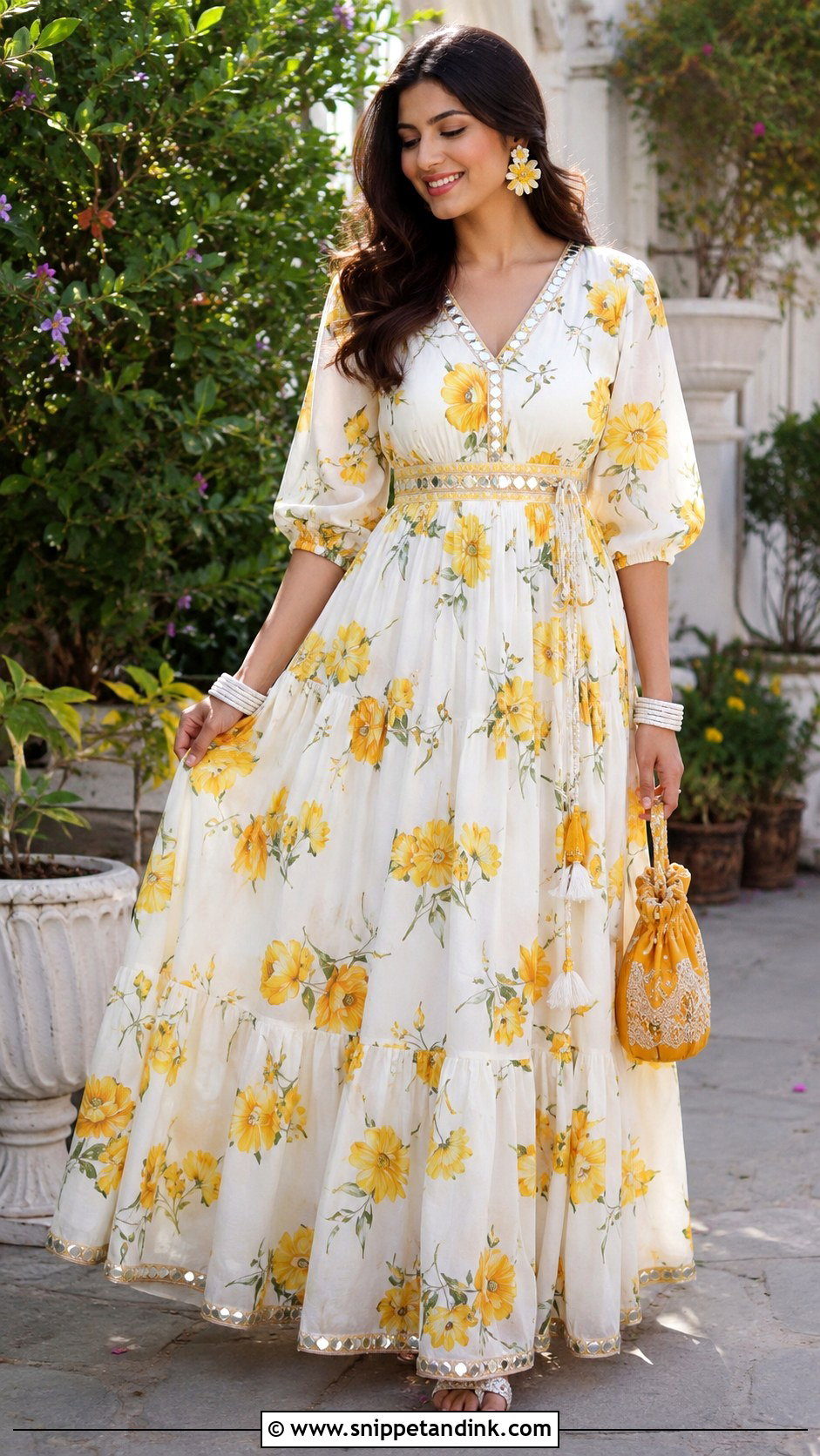 White Maxi Dress With Yellow Floral Print - Snippet and Ink - 20 White and Yellow Haldi Outfit Ideas
