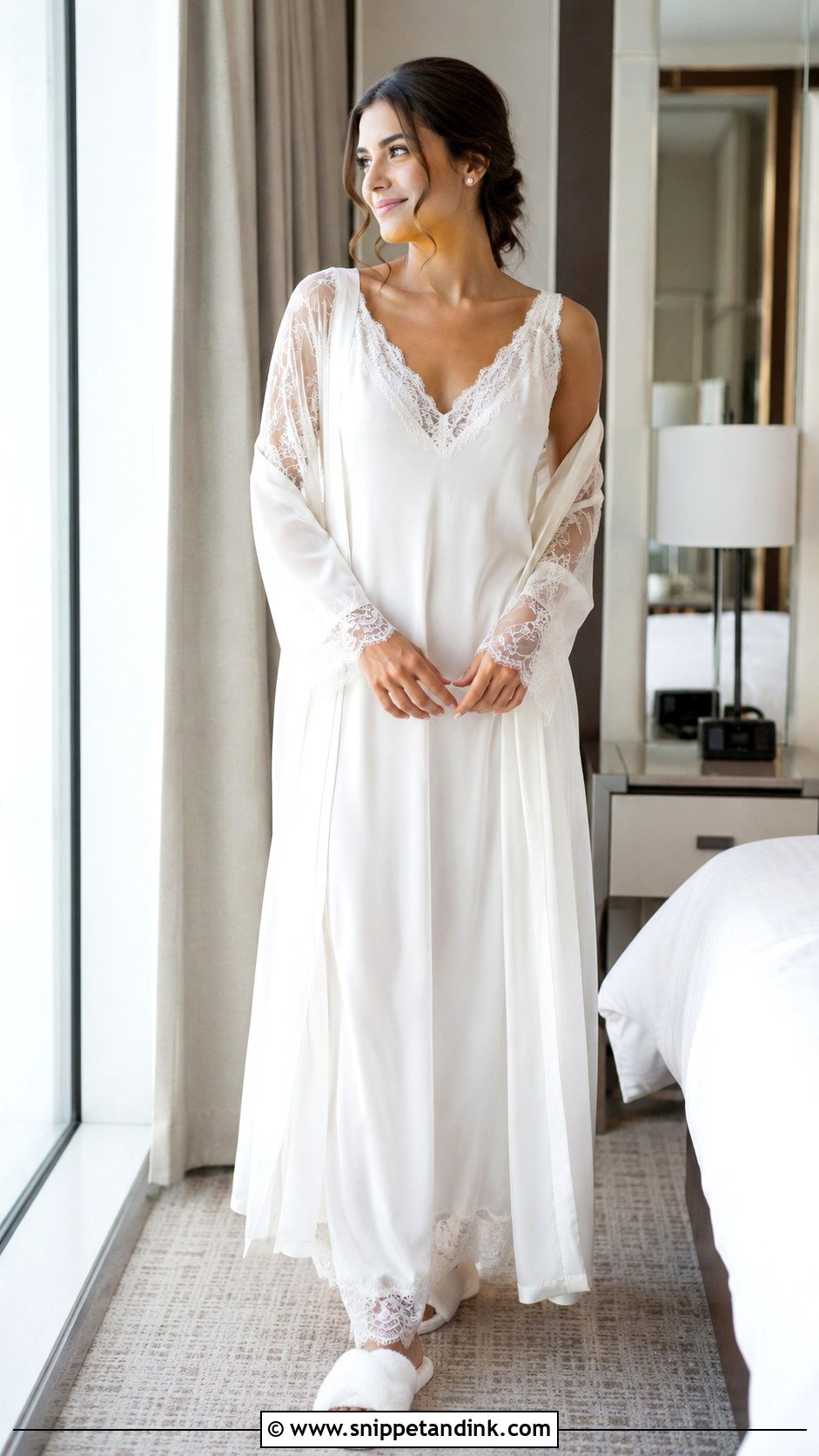 White Maxi Night Dress With Lace Sleeves - Snippet and Ink - 30 First Night Dress for Bride Ideas