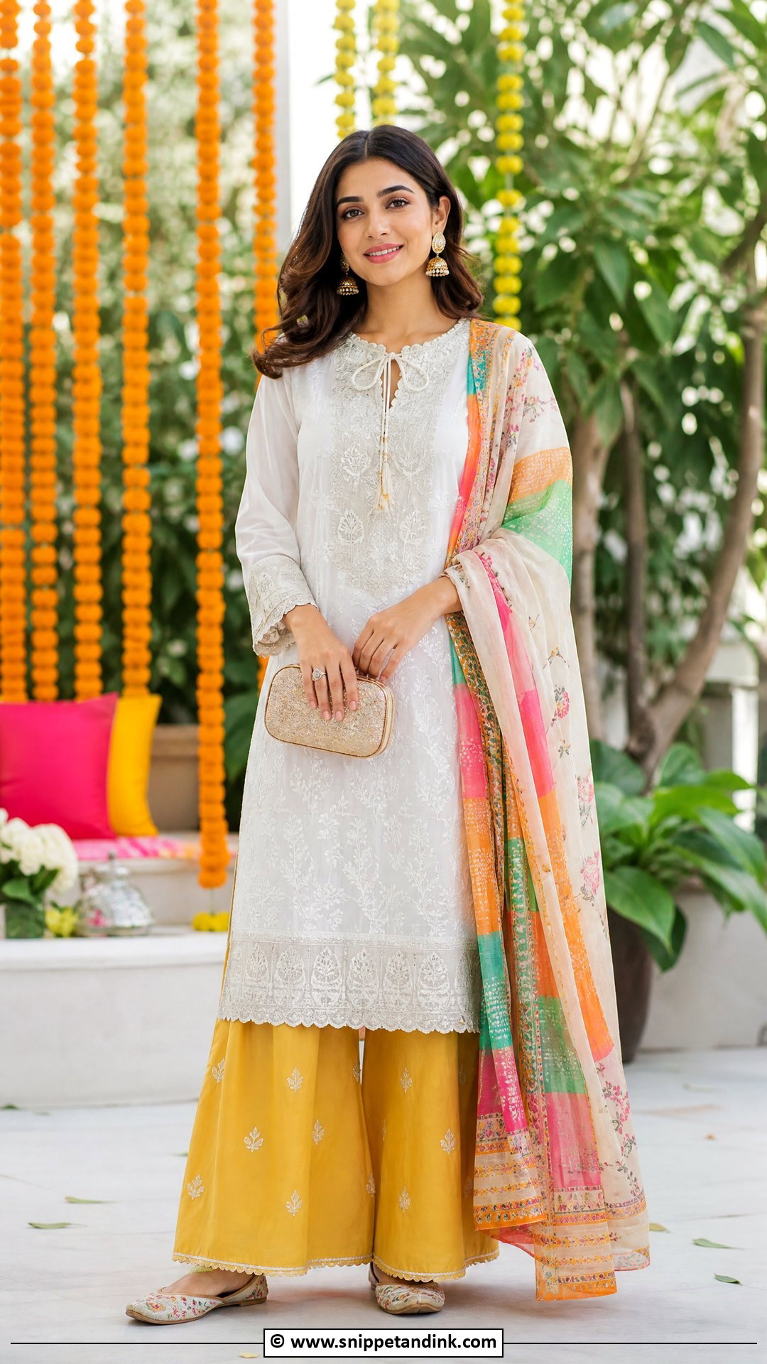 White Mehndi Kurta With Yellow Palazzo - Snippet and Ink - 35 Mehndi Dresses