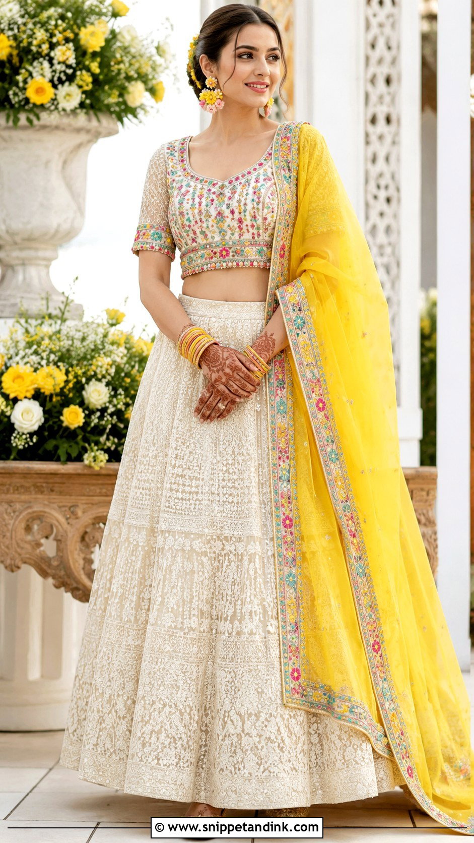 White Mehndi Lehenga With Colorful Dupatta - Snippet and Ink - 25 Mehndi Dress Ideas for Bride