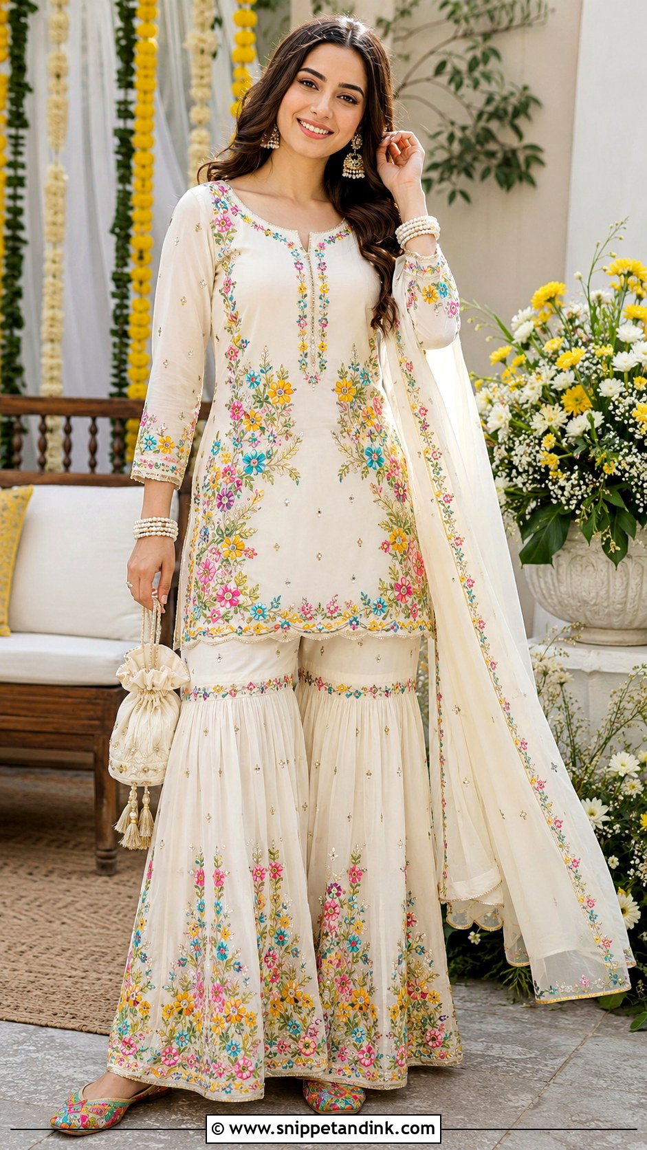 White Mehndi Sharara With Colorful Embroidery - Snippet and Ink - 25 Mehndi Sharara Outfit Ideas