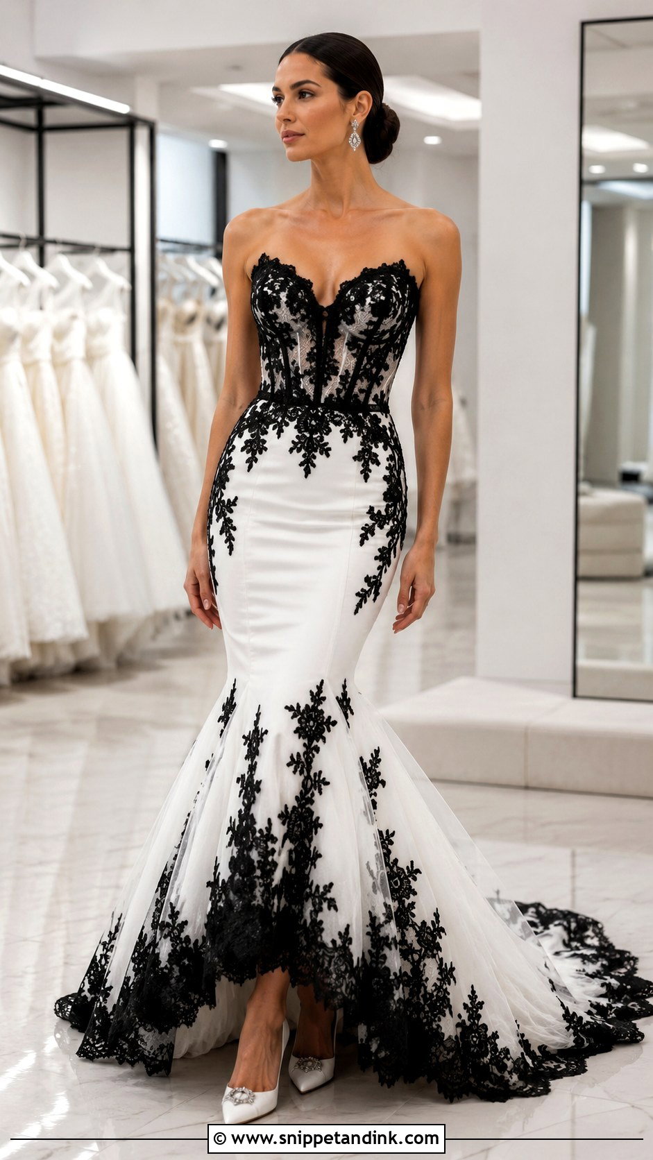 White Mermaid Wedding Dress With Black Lace Applique - Snippet and Ink - 25 White Wedding Dress with Black Lace Ideas