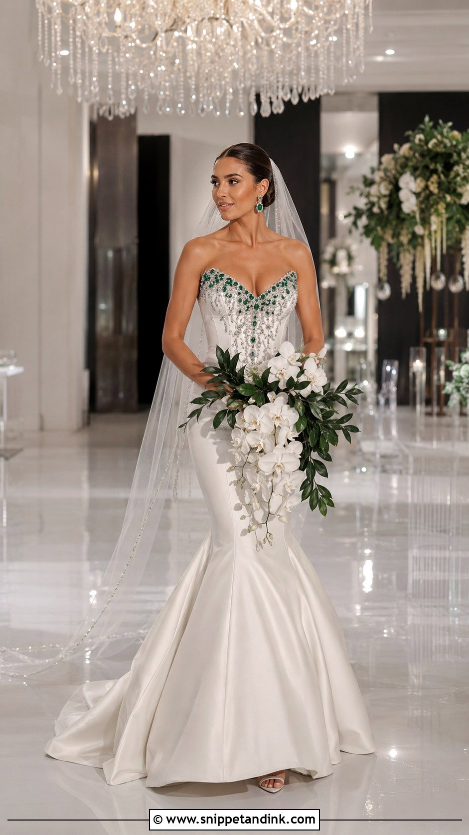 White Mermaid Wedding Dress With Emerald Beading - Snippet and Ink - 20 White and Green Wedding Dress Ideas