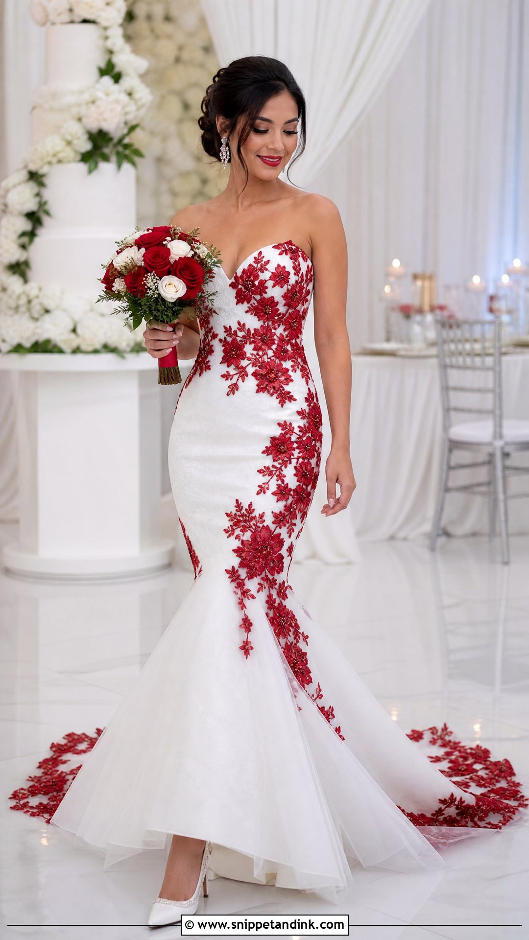 White Mermaid Wedding Dress With Red Applique - Snippet and Ink - 25 Red and White Wedding Dress Ideas