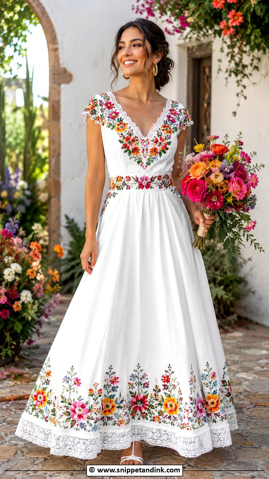 White Mexican Wedding Dress With Colorful Flowers - Snippet and Ink - 30 Mexican Wedding Dress Ideas