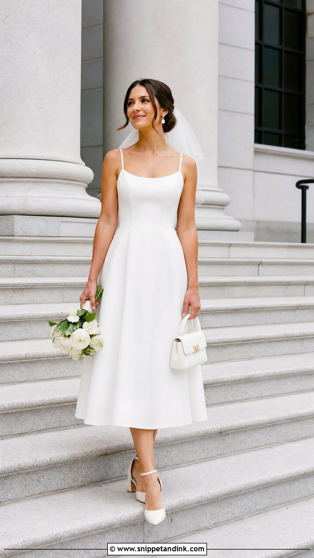 White Midi Bridal Dress With Block Heels - Snippet and Ink - 20 Simple Bridal Outfit Ideas
