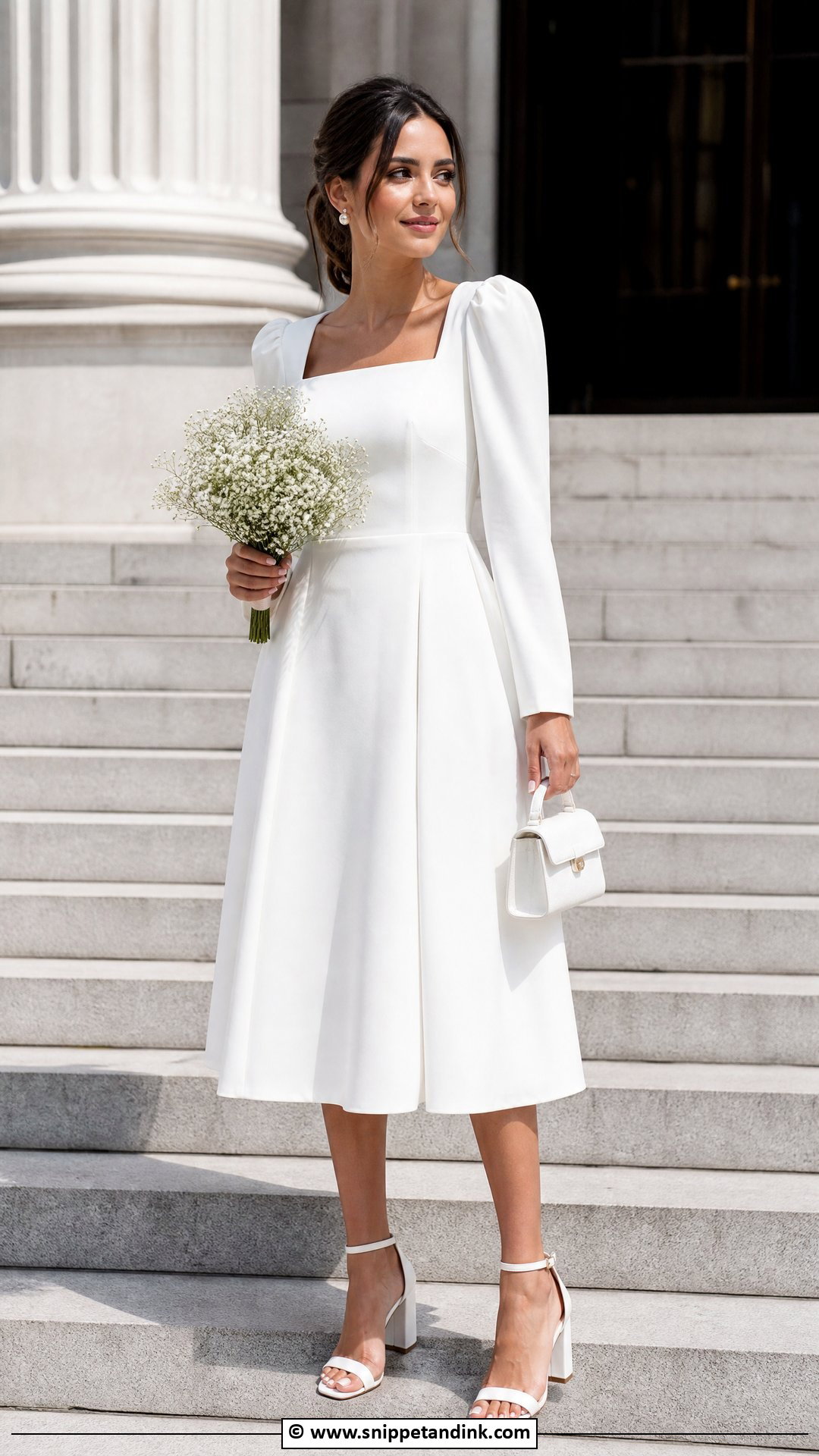 White Midi Civil Wedding Dress With Block Heels - Snippet and Ink - 35 Civil Wedding Dress Ideas