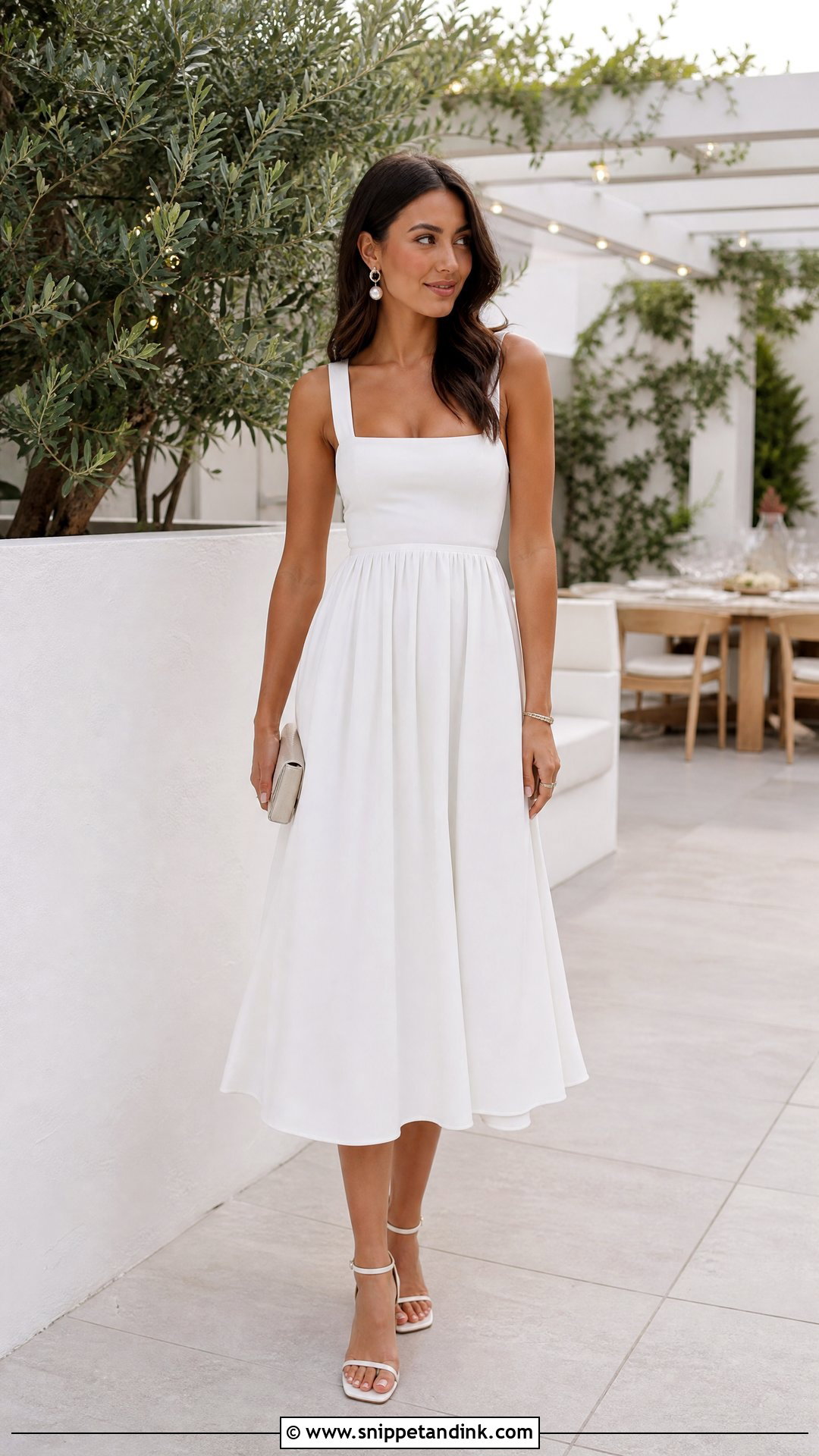 White Midi Dress And Block Heels Outfit - Snippet and Ink - 20 White Bachelorette Outfit Ideas