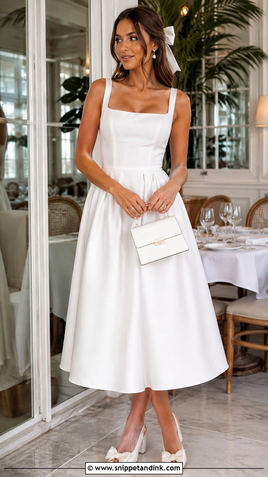 White Midi Dress And Bow Heels Hen Night Outfit - Snippet and Ink - 20 Hen Night Outfit Ideas
