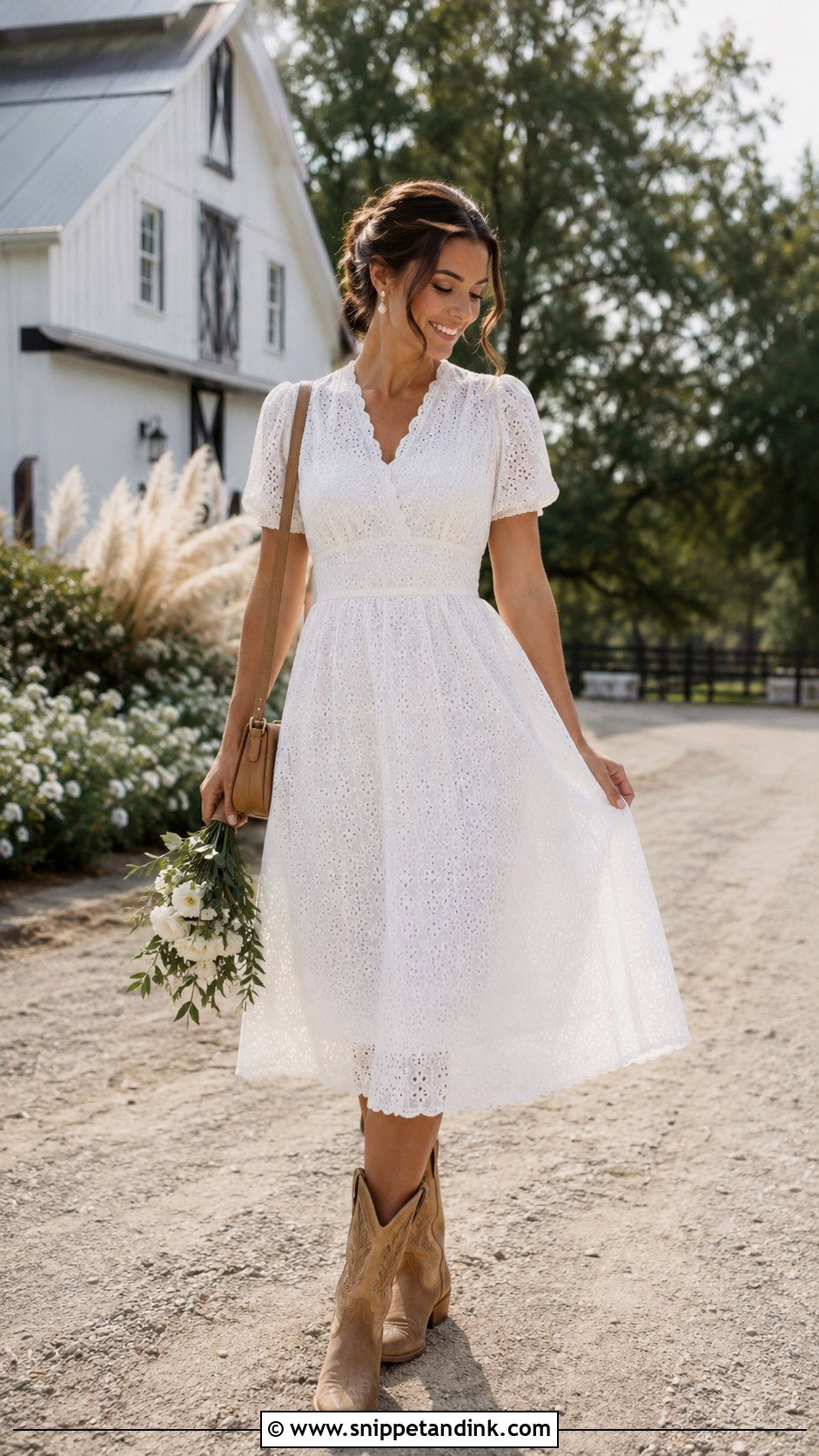 White Midi Dress And Cowboy Boots Rehearsal Outfit - Snippet and Ink - 20 Dress Rehearsal Outfit the Bride Ideas