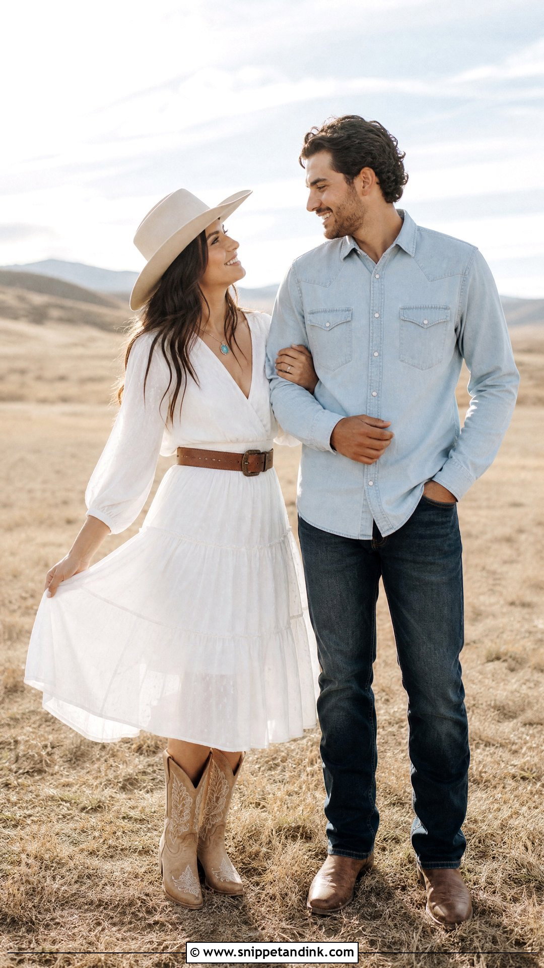 White Midi Dress And Cowboy Boots Western Outfit - Snippet and Ink - 20 Western Pre Wedding Shoot Outfit Ideas