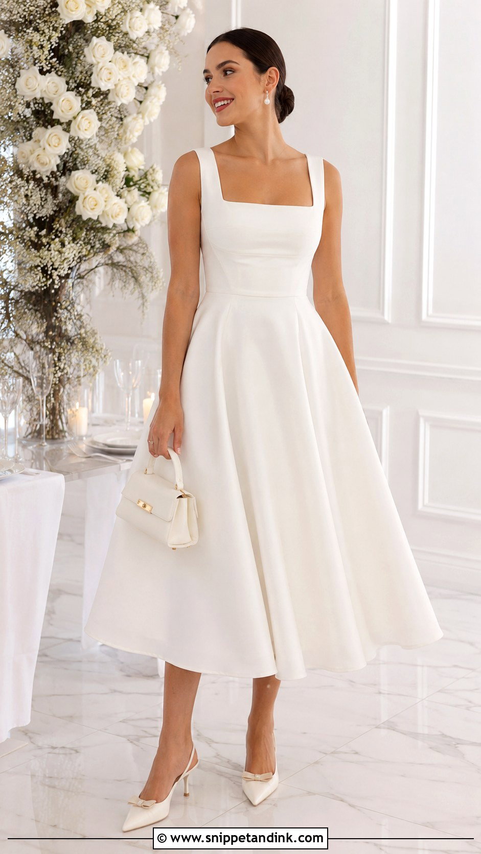 White Midi Dress Bridal Engagement Party Outfit - Snippet and Ink - 20 Bridal Wardrobe Ideas