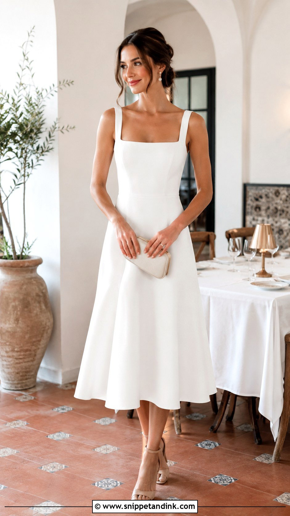 White Midi Dress Rehearsal Dinner Outfit - Snippet and Ink - 25 Rehearsal Dinner Outfits