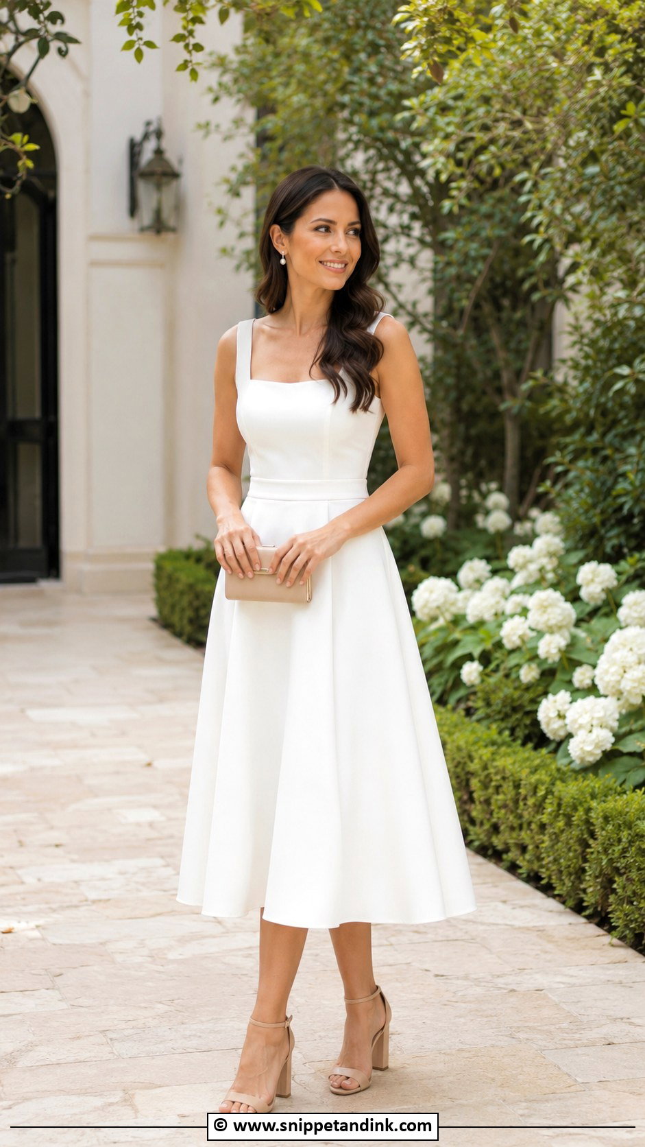 White Midi Dress Save The Date Outfit - Snippet and Ink - 30 Save the Date Outfit Ideas