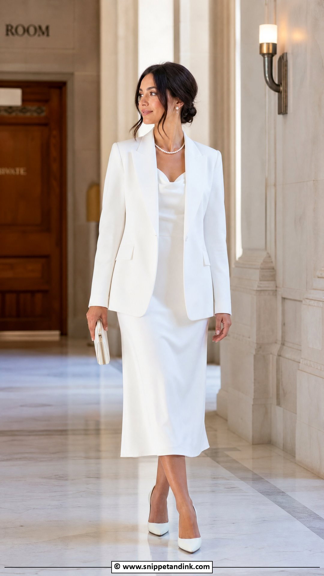 White Midi Dress With Blazer Civil Wedding Outfit - Snippet and Ink - 35 Civil Wedding Dresses