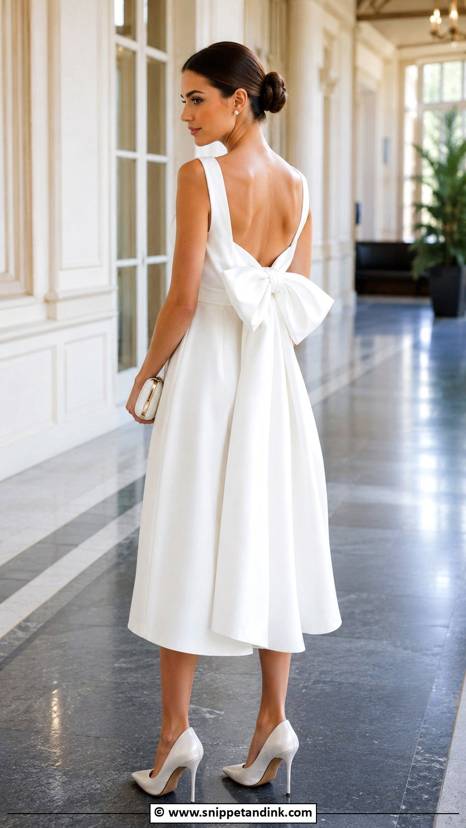 White Midi Dress With Bow Outfit - Snippet and Ink - 30 Civil Marriage Dress Ideas