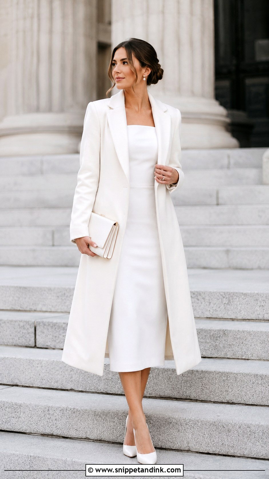 White Midi Dress With Bridal Coat Outfit - Snippet and Ink - 25 City Hall Wedding Dress Civil Ceremony Ideas