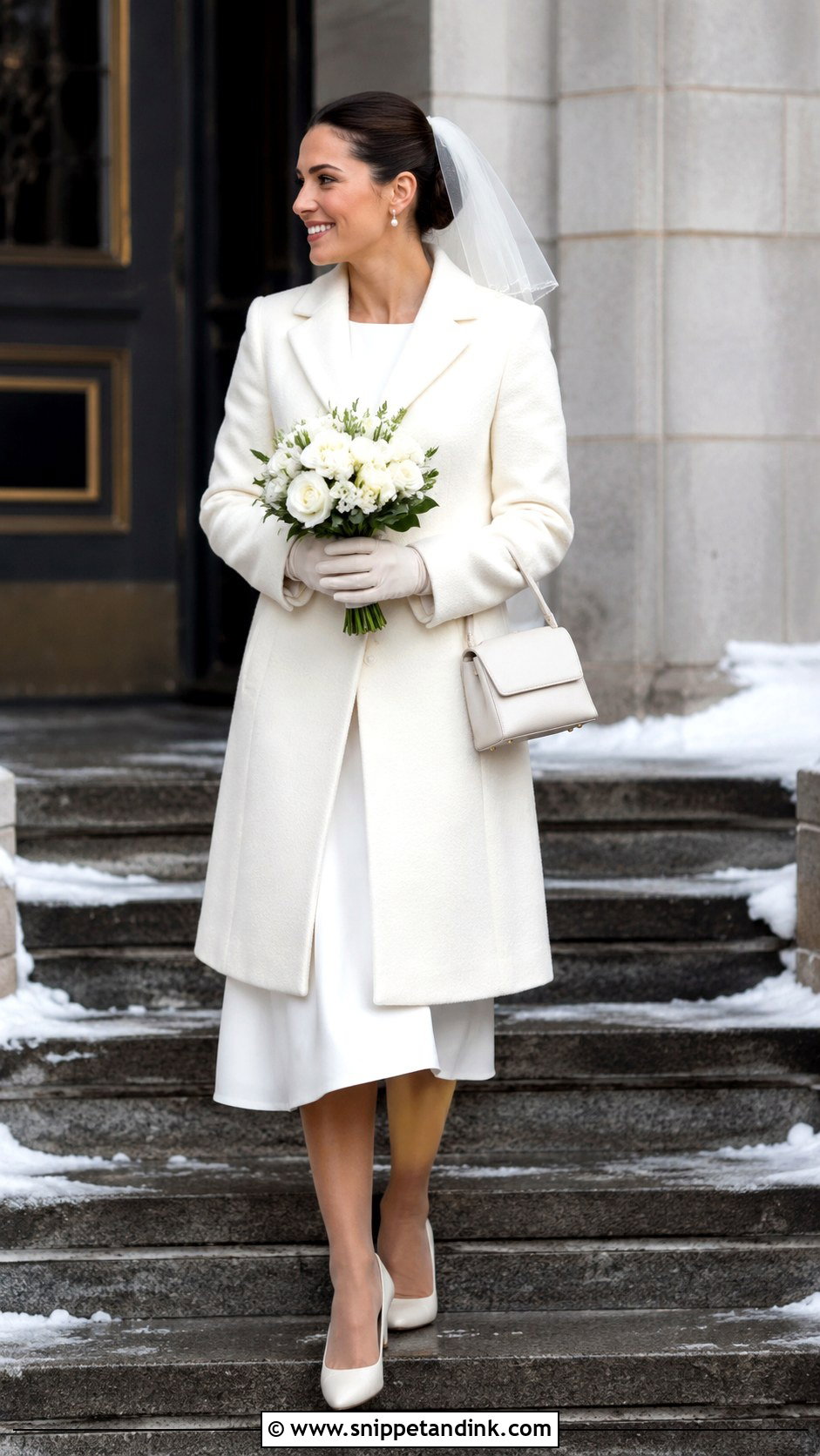 White Midi Dress With Bridal Coat - Snippet and Ink - 20 Dress for Court Wedding Ideas