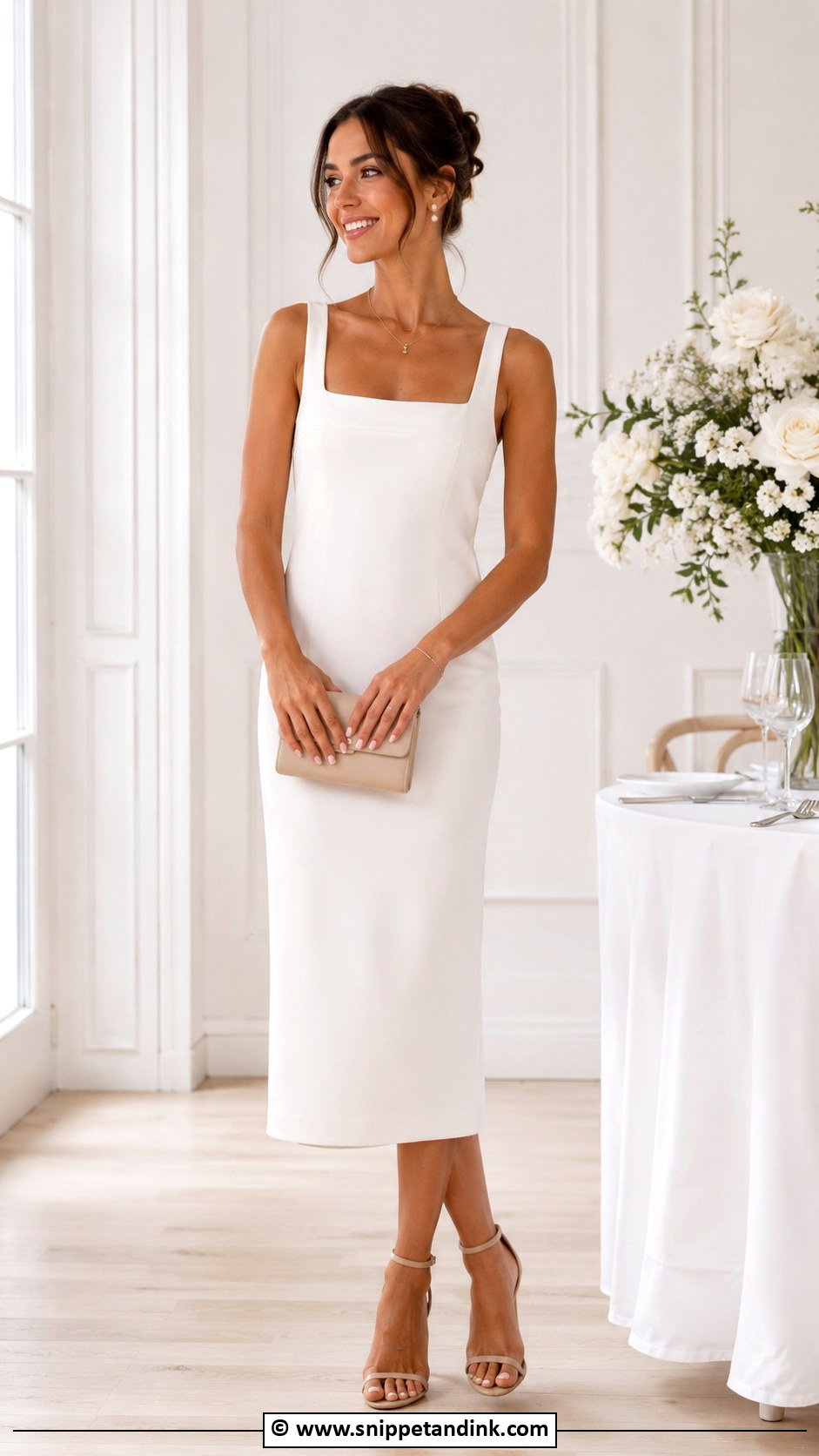 White Midi Dress With Heels Outfit - Snippet and Ink - 25 Bride Party Dress Ideas