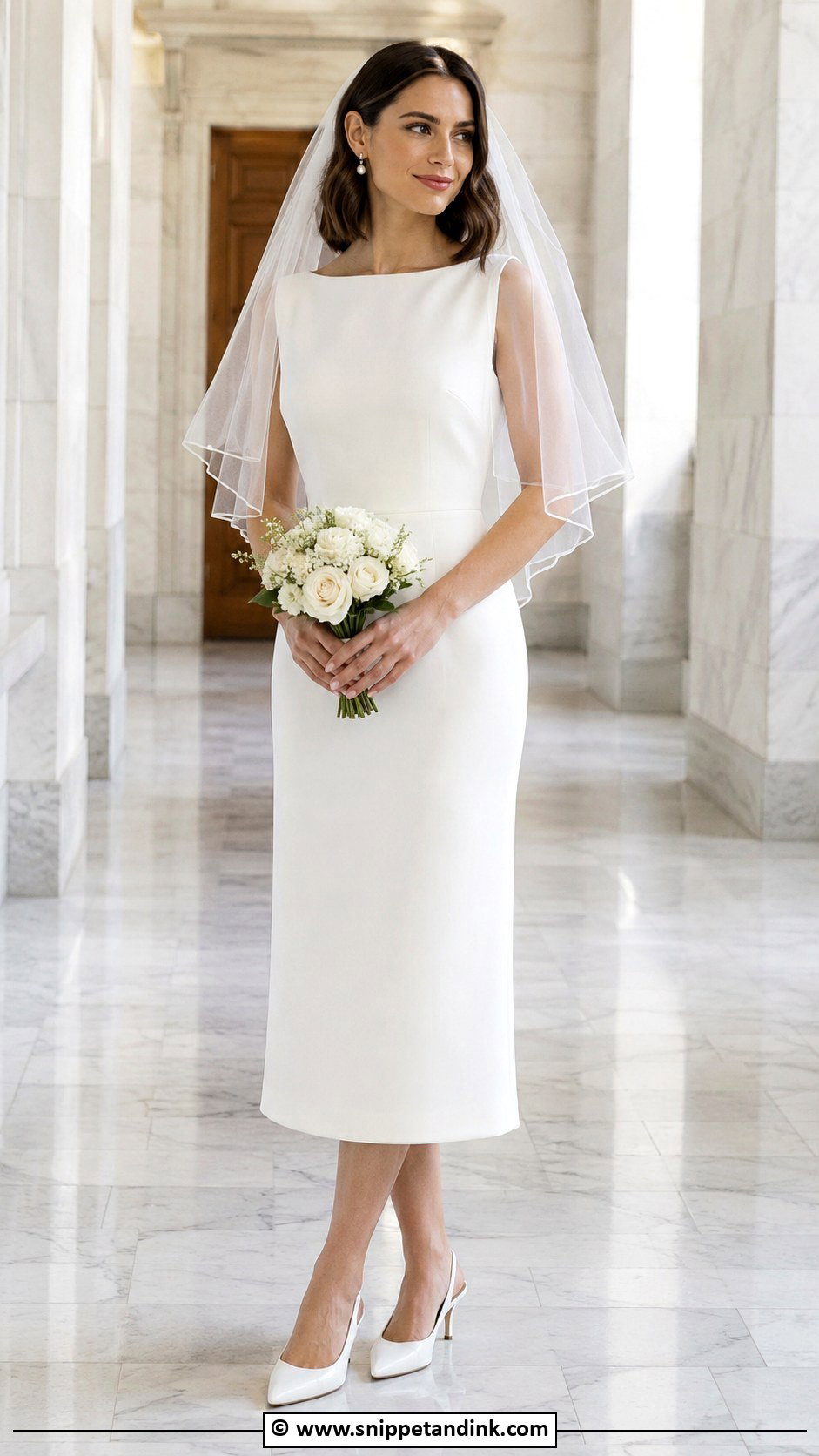 White Midi Dress With Veil Court Marriage Outfit - Snippet and Ink - 25 Court Marriage Outfit Ideas
