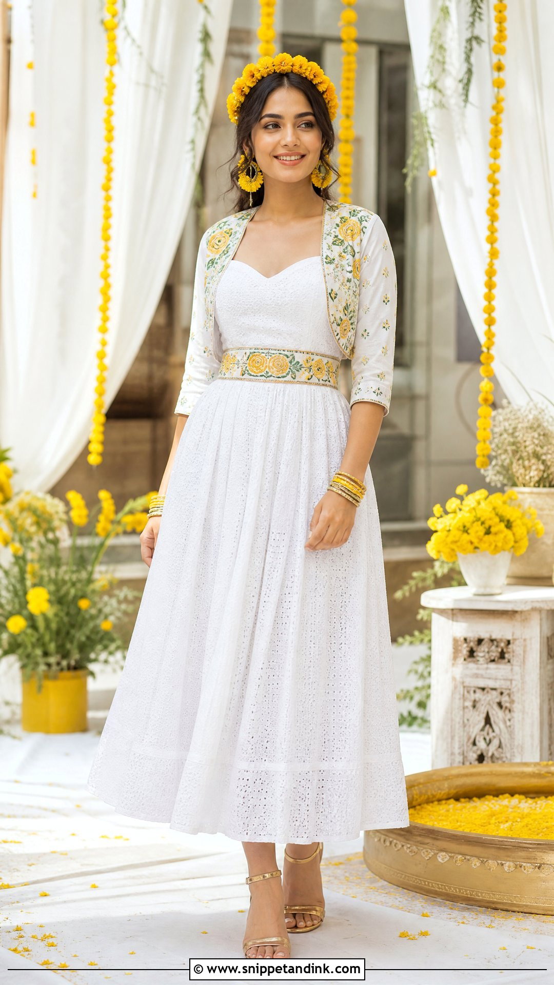 White Midi Dress With Yellow Flowers - Snippet and Ink - 20 Western Pithi Outfit Brides Ideas