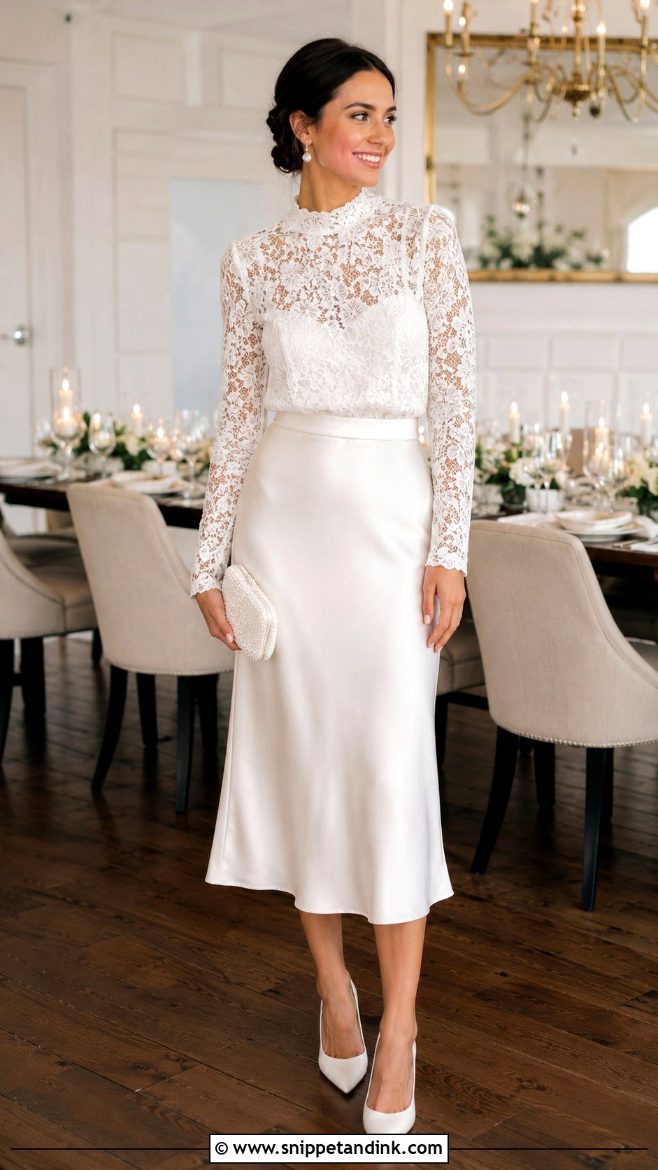 White Midi Skirt And Blouse Outfit - Snippet and Ink - 25 Rehearsal Dinner Outfit for Bride Ideas