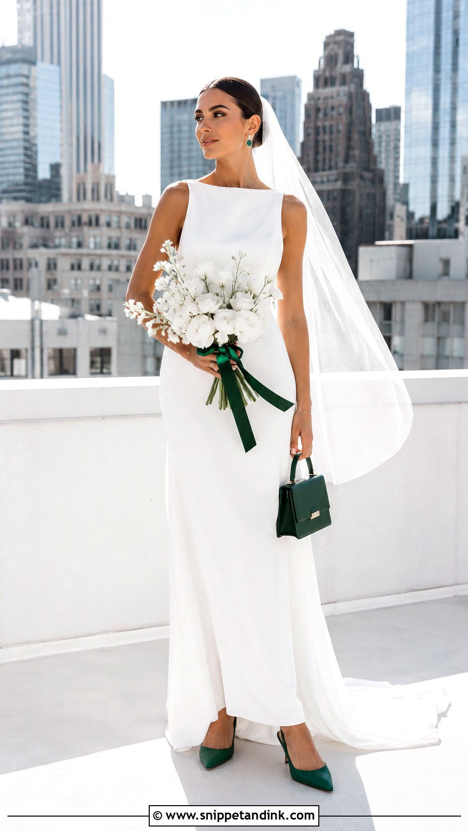 White Minimalist Wedding Dress With Green Accessories - Snippet and Ink - 20 White and Green Wedding Dress Ideas
