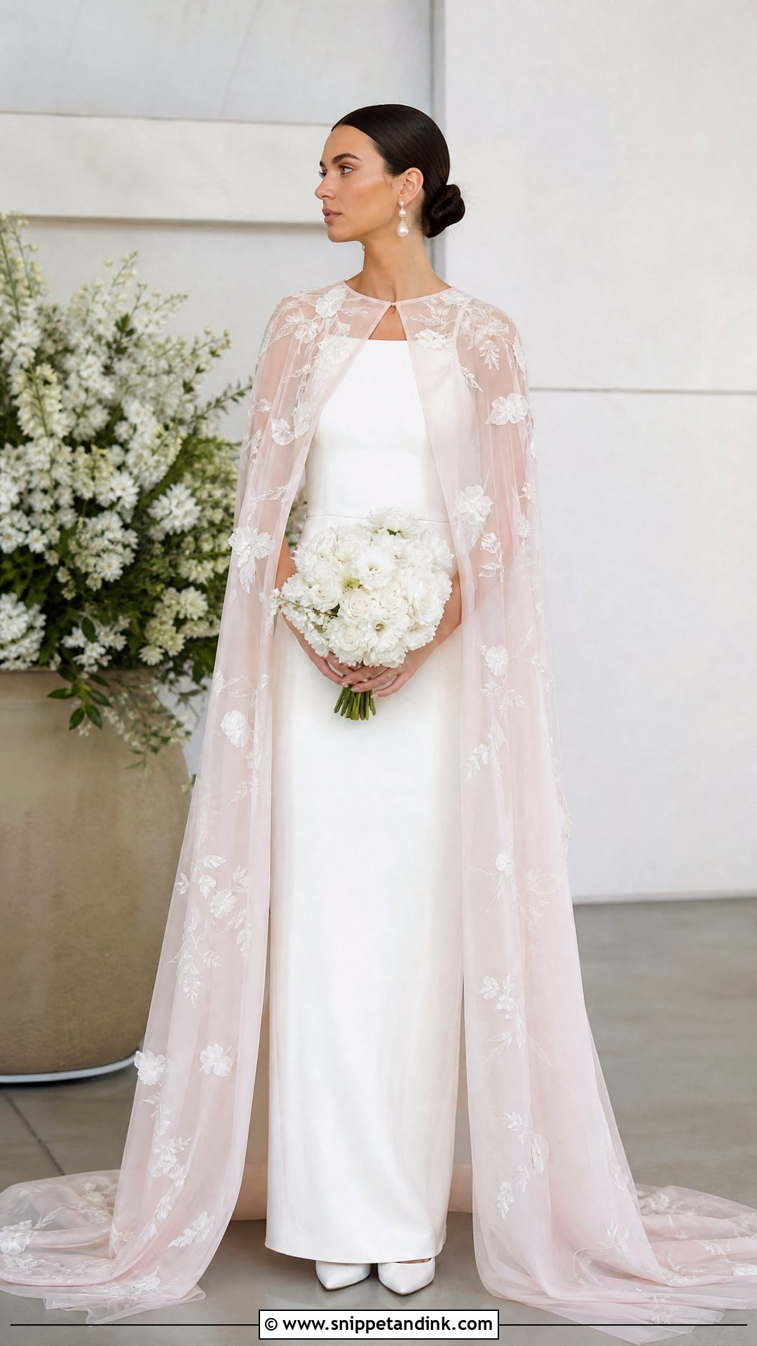 White Minimalist Wedding Dress With Pink Cape - Snippet and Ink - 25 Pink and White Wedding Dress Ideas