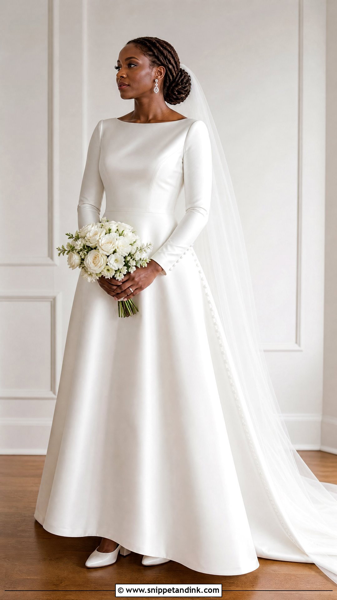 White Modest Satin Wedding Dress With Long Veil - Snippet and Ink - 20 White Wedding Dresses Black Women