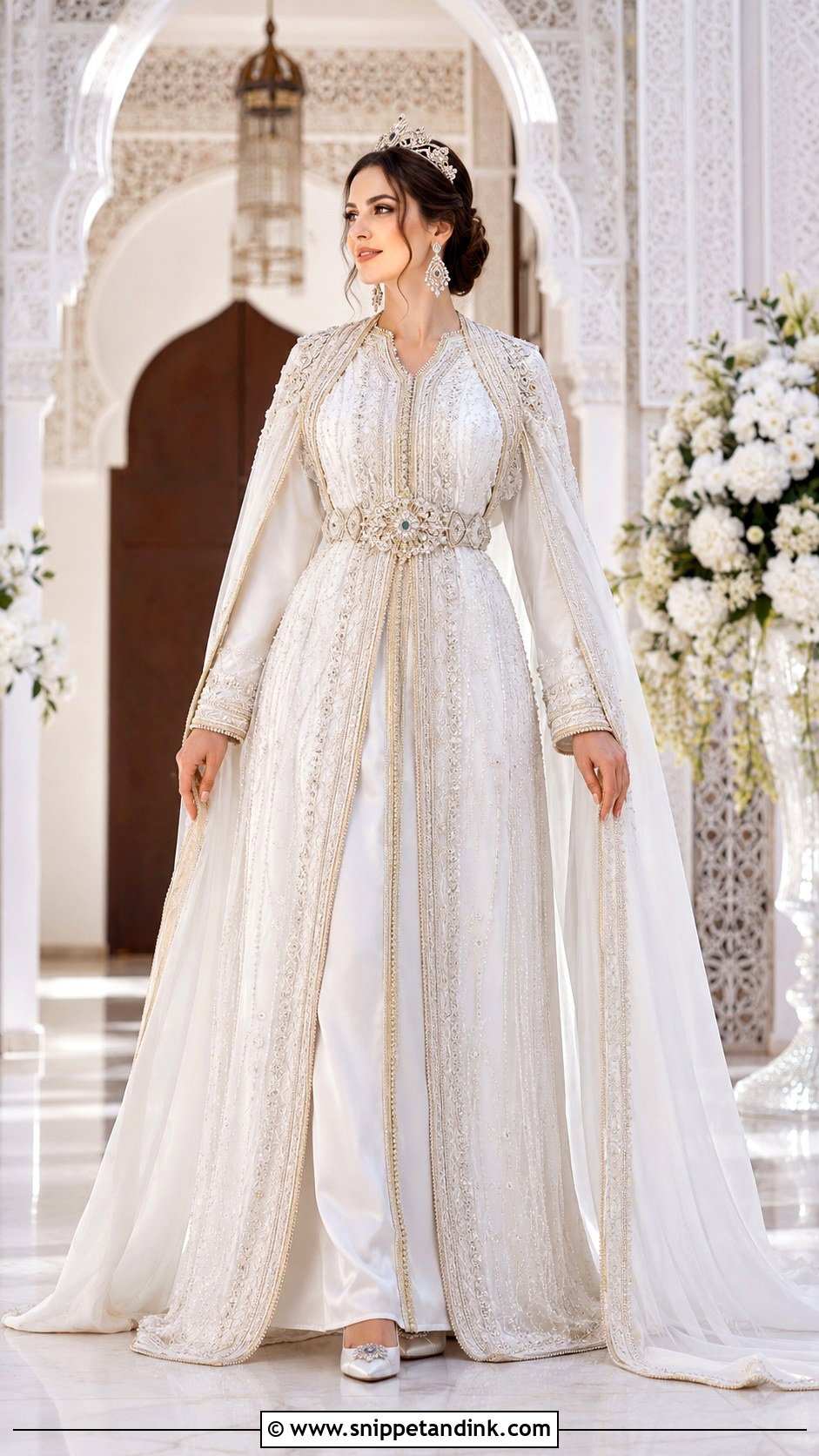 White Moroccan Bride Takchita With Detachable Cape - Snippet and Ink - 20 Moroccan Bride Dress Ideas