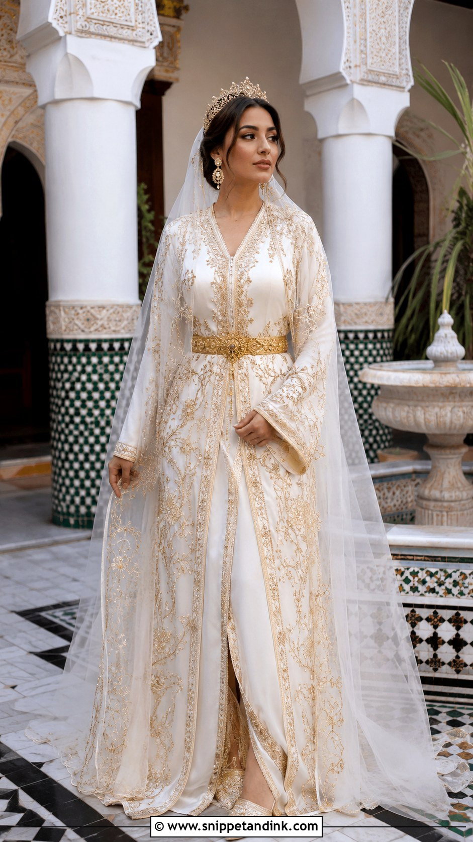 White Moroccan Bride Takchita With Gold Embroidery - Snippet and Ink - 20 Moroccan Bride Dress Ideas