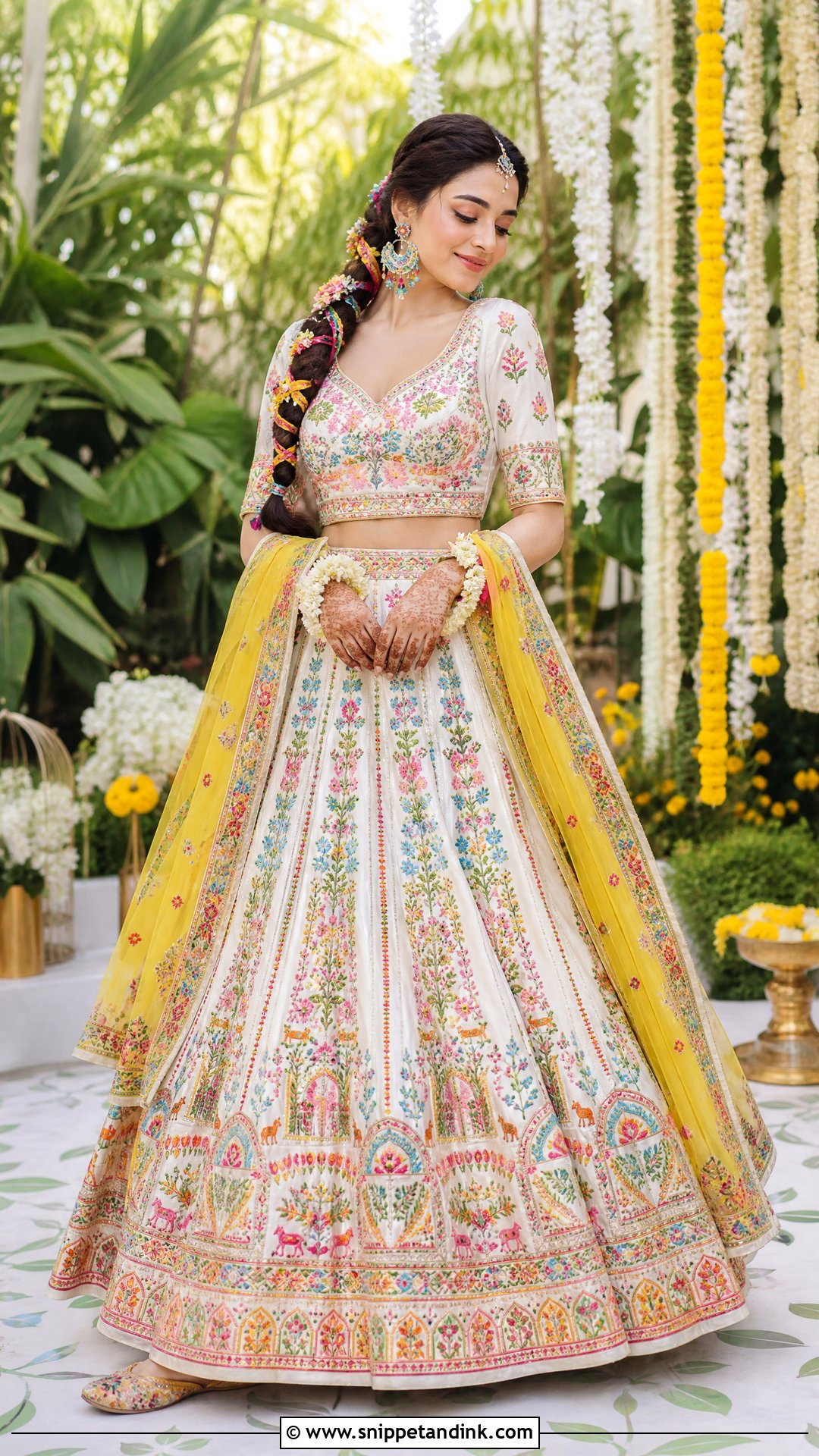 White Multicolor Embroidered Lehenga Mehndi Outfit - Snippet and Ink - 25 Mehndi Function Dress Outfit for Bride Ideas