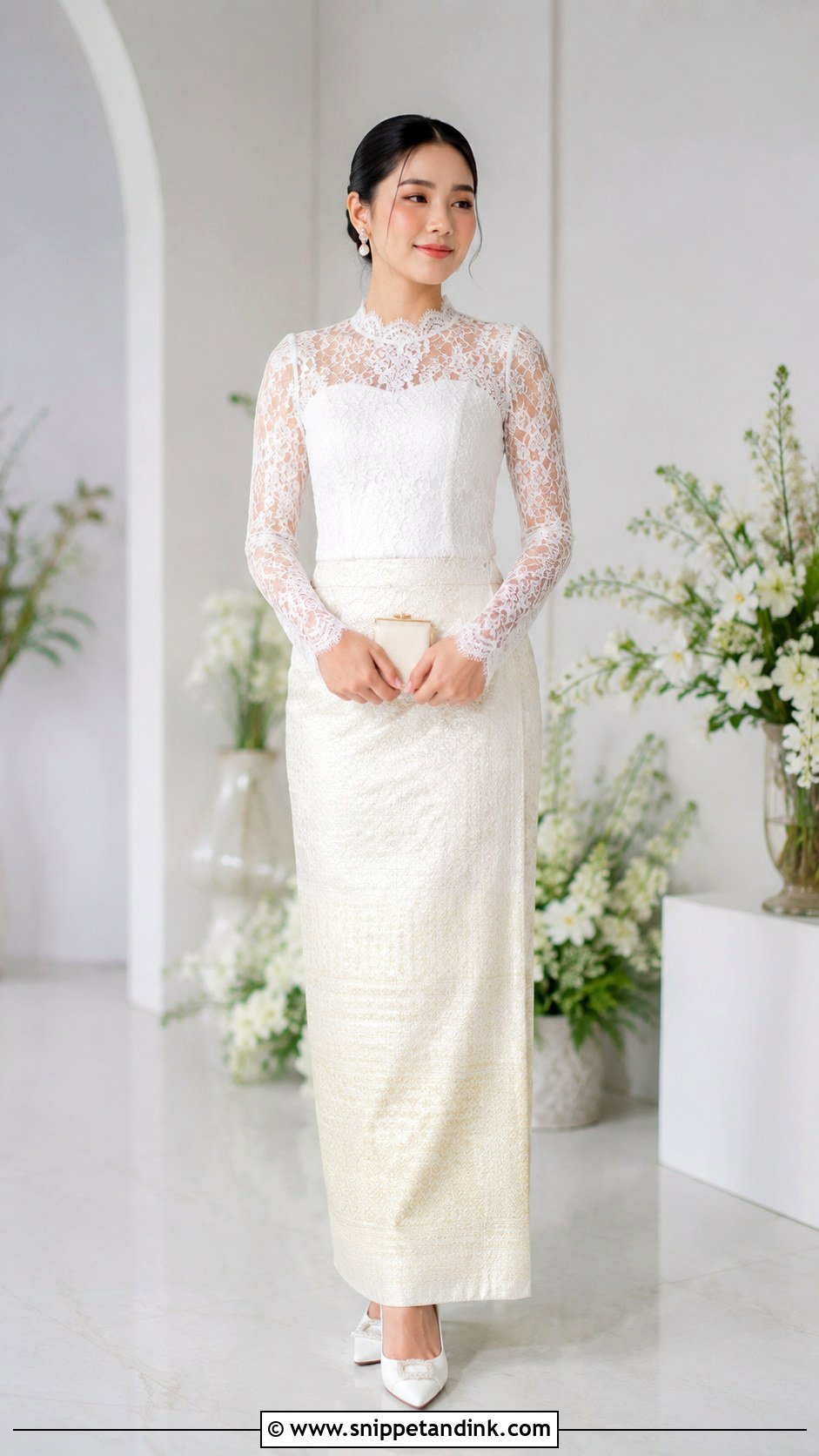 White Myanmar Wedding Dress With Lace Blouse - Snippet and Ink - 25 Myanmar Traditional Wedding Dress Ideas