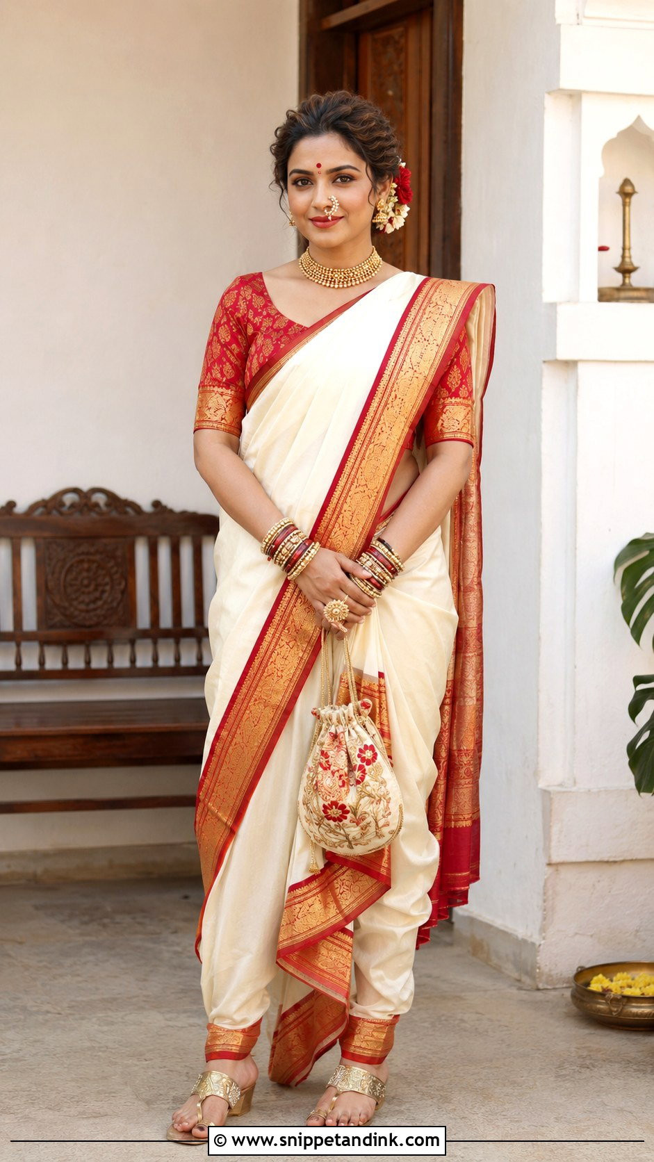 White Nauvari Saree With Red Border - Snippet and Ink - 20 Maharatrian Wedding Outfit Ideas