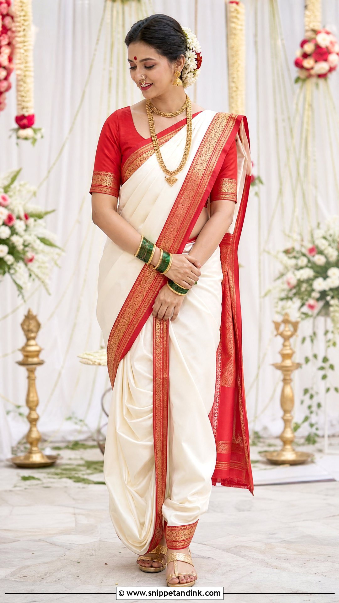 White Nauwari Bride Look With Red Border - Snippet and Ink - 25 Nauwari Bride Look Ideas