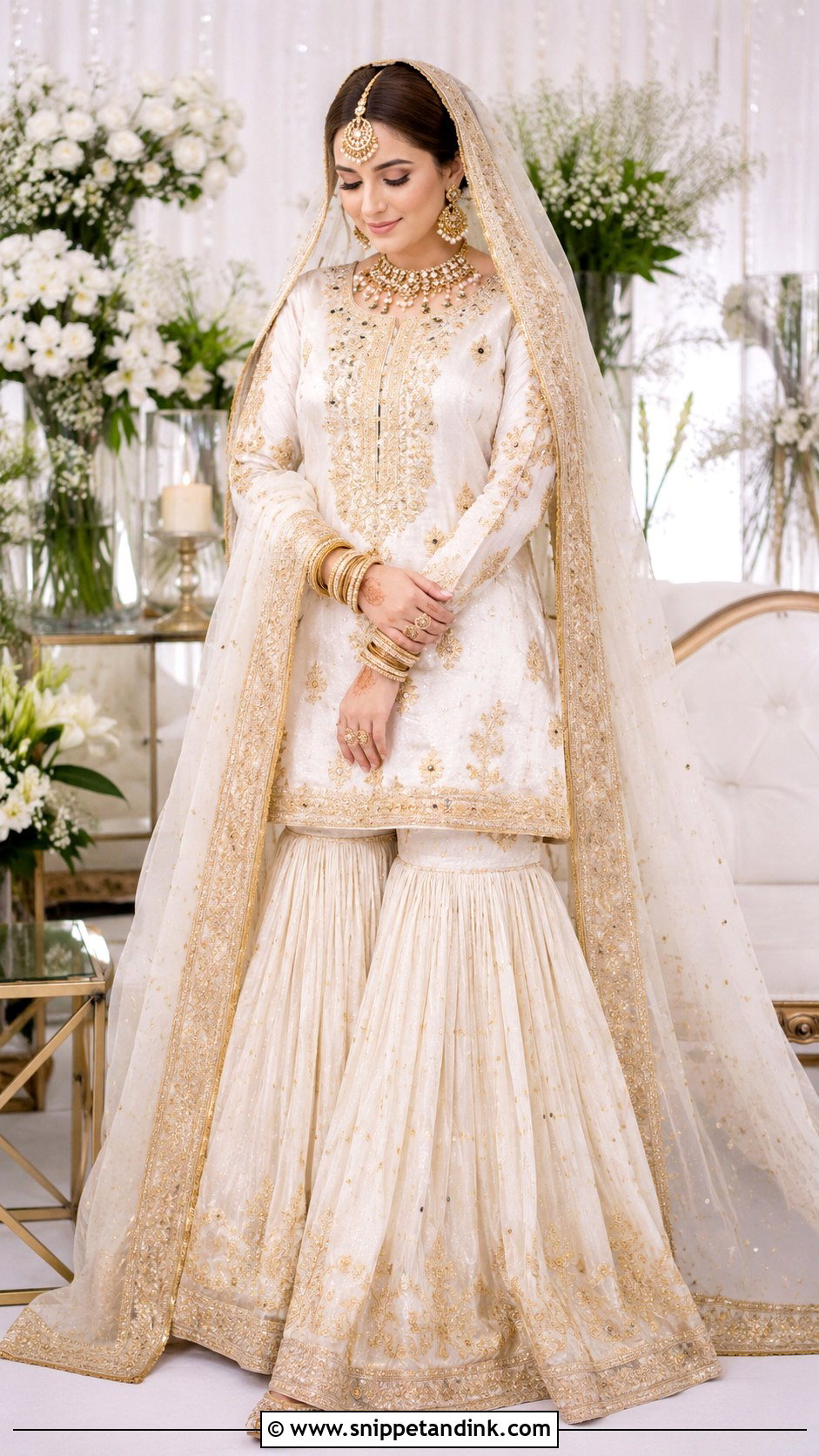 White Nikah Gharara With Gold Dupatta - Snippet and Ink - 25 Pakistani Nikah Bridal Wear Ideas