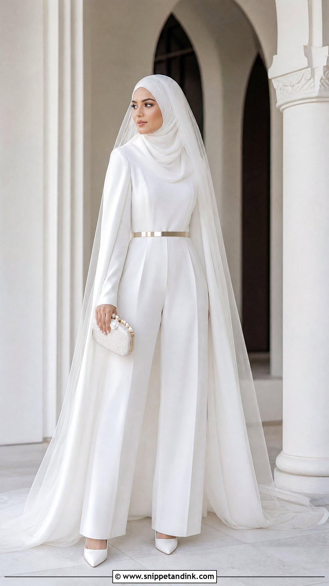 White Nikah Hijab With Modest Jumpsuit - Snippet and Ink - 20 Nikah Hijab Style Ideas
