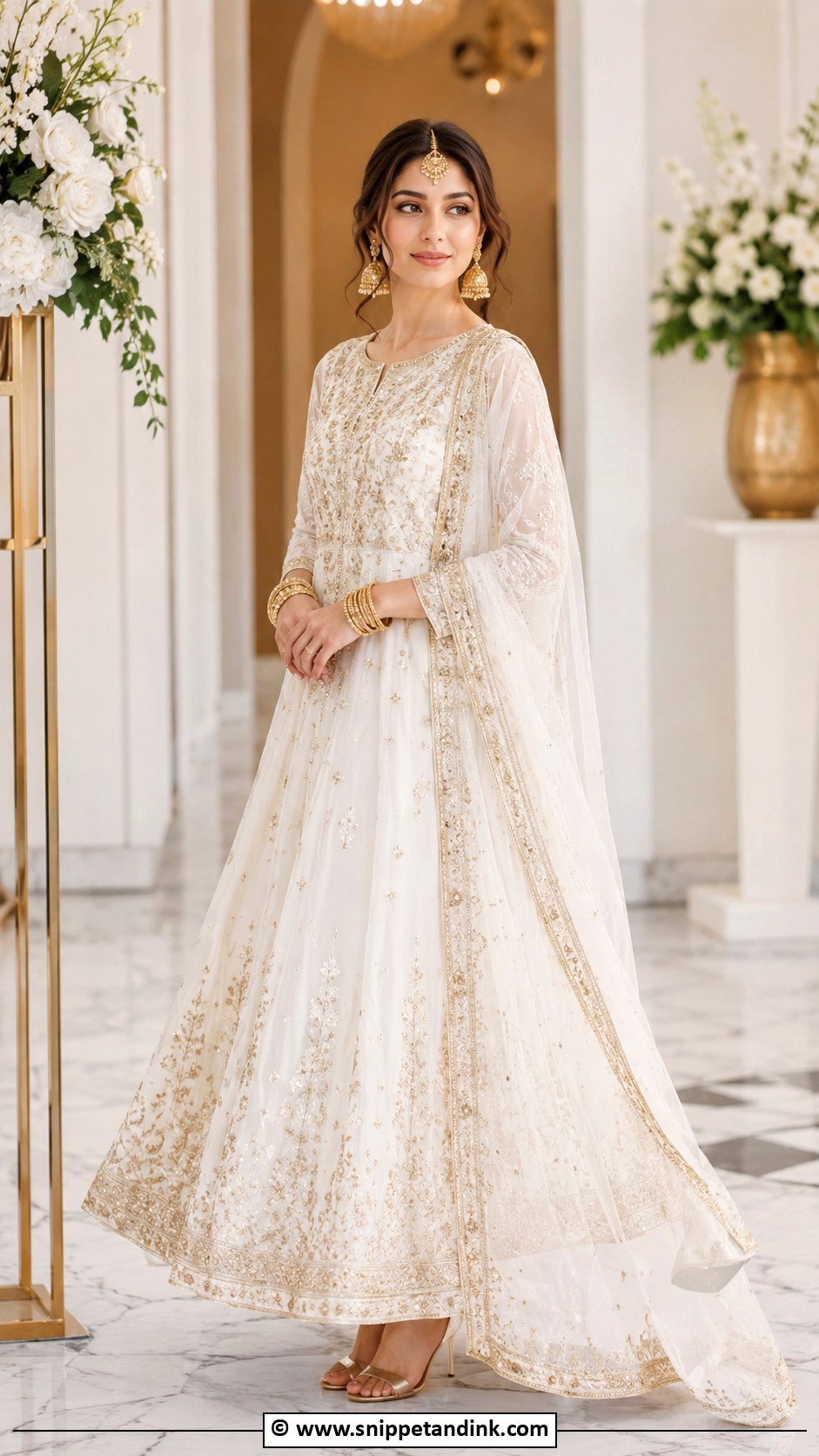 White Nikkah Anarkali With Gold Jewelry - Snippet and Ink - 30 Nikkah Look Ideas