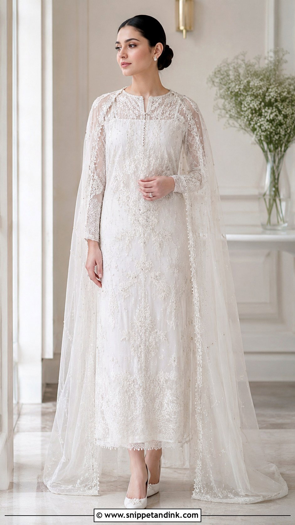 White Nikkah Dress With Cape Dupatta - Snippet and Ink - 25 Simple Nikkah Dress Ideas