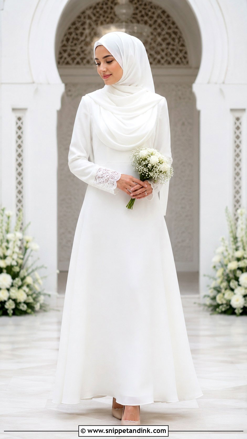 White Nikkah Dress With Hijab - Snippet and Ink - 30 Islamic Nikkah Outfit Ideas