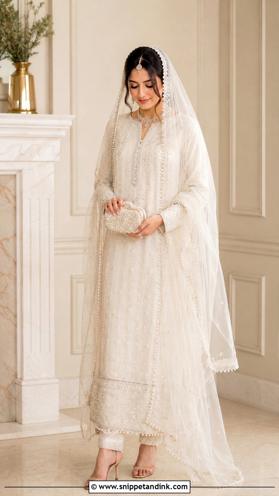 White Nikkah Dress With Pearl Dupatta - Snippet and Ink - 30 Pakistani Wedding Dresses