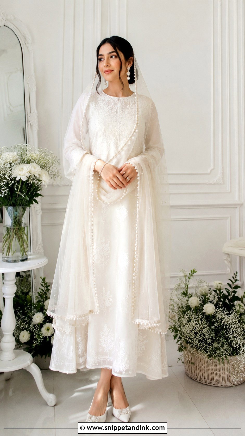 White Nikkah Dress With Pearl Dupatta - Snippet and Ink - 25 Simple Nikkah Dress Ideas